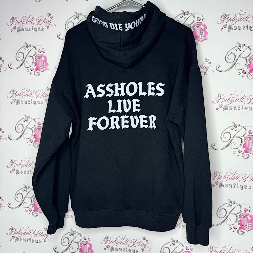 ALF assholes live forever good die young hoodie pull over Black Graphic Hoodie